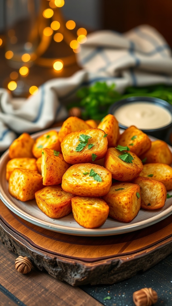 Golden-brown crispy Potato Jinx Bites garnished with parsley on a rustic platter with dipping sauce.